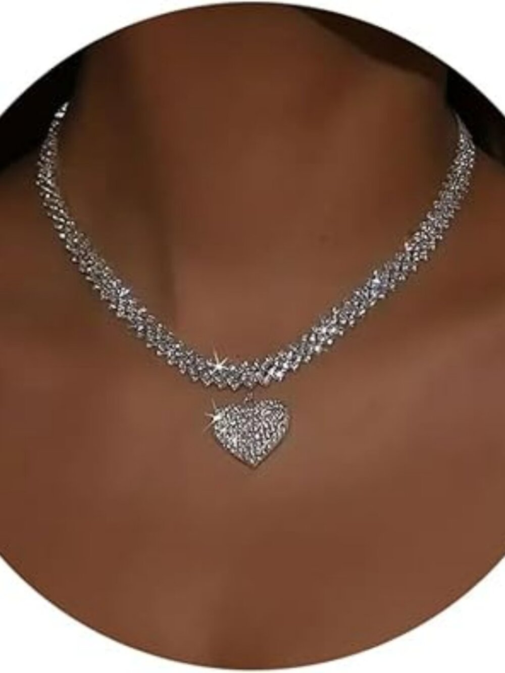 Silver Rhinestone Heart Necklace‎ Adjustable Bling Statement Jewelry